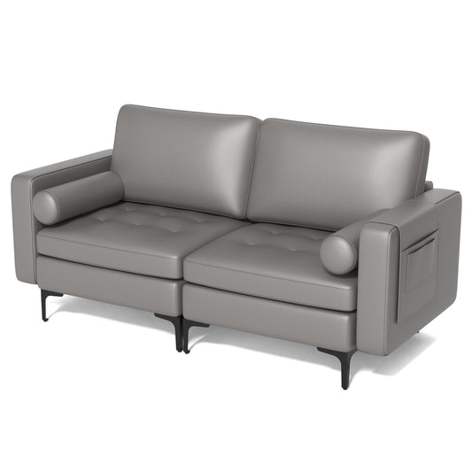 Modern 2-Seat Loveseat Sofa with Bolsters and Side Storage Pocket in Light Grey