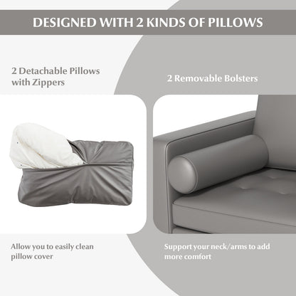 Modern 2-Seat Loveseat Sofa with Bolsters and Side Storage Pocket in Light Grey