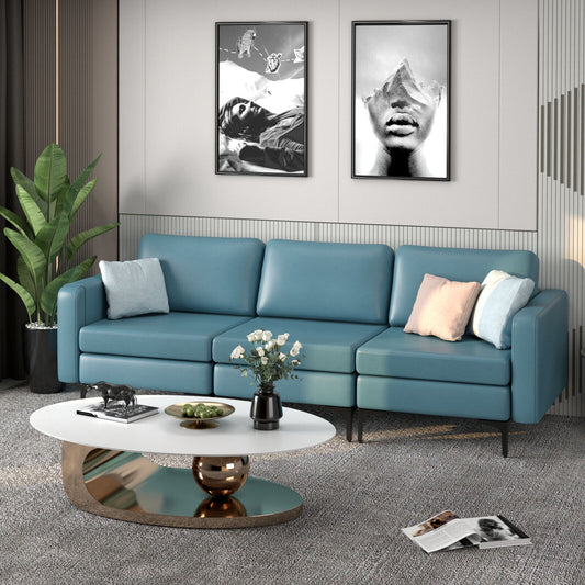 3 Seat Sofa Couch with Storage Armrest Pocket, Removable Cushions, and Metal Legs – Blue