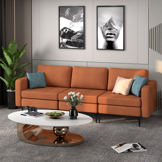 3 Seat Sofa Couch with Storage Armrest Pocket, Removable Cushions, and Metal Legs – Orange
