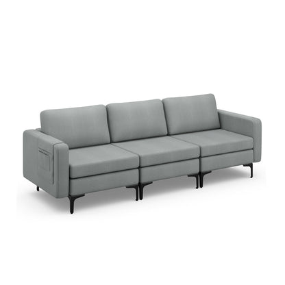 3 Seat Sofa Couch with Storage Armrest Pocket, Removable Cushions, and Metal Legs – Grey