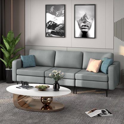 3 Seat Sofa Couch with Storage Armrest Pocket, Removable Cushions, and Metal Legs – Grey