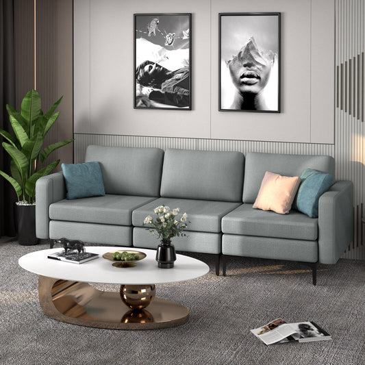 3 Seat Sofa Couch with Storage Armrest Pocket, Removable Cushions, and Metal Legs – Grey