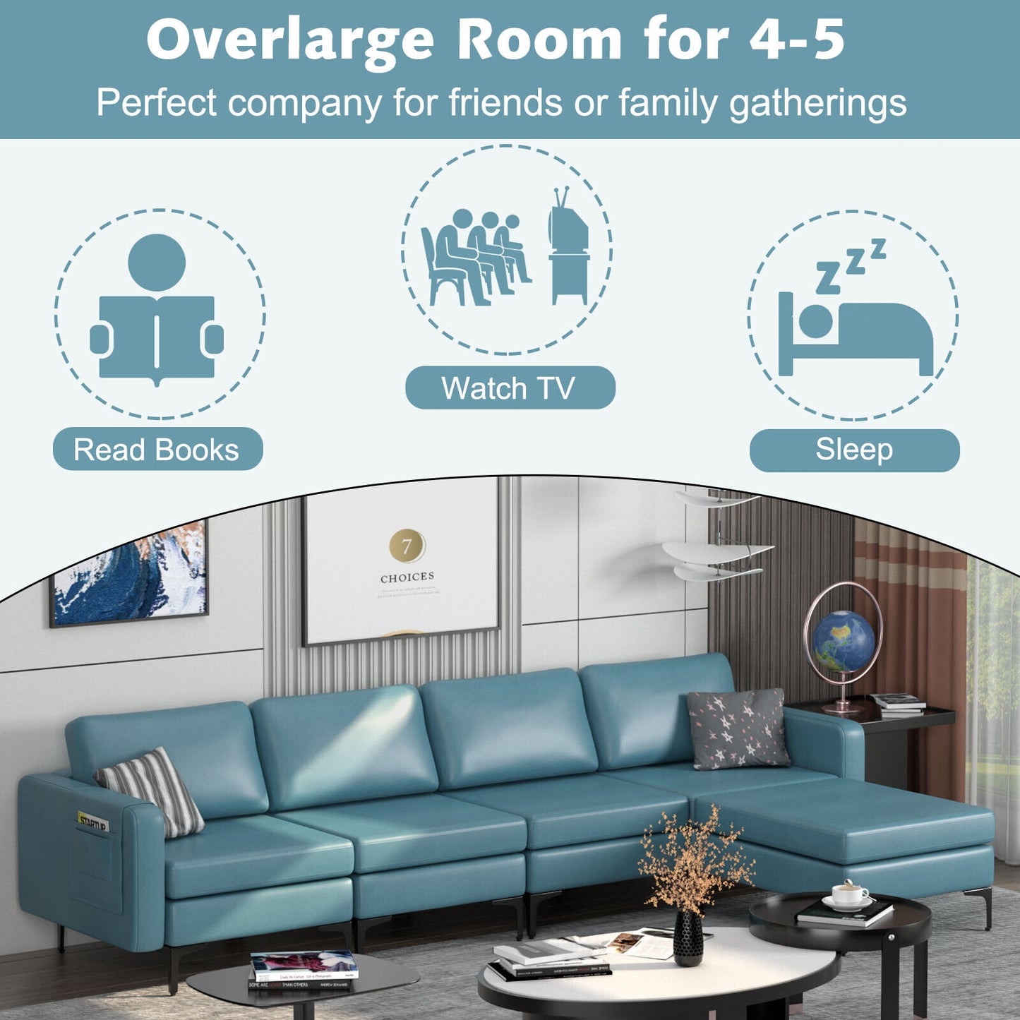Modular L-Shaped Sectional Sofa with Reversible Ottoman, USB Ports, and Storage in Blue