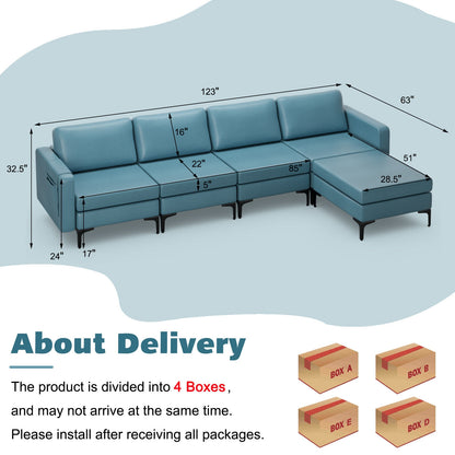 Modular L-Shaped Sectional Sofa with Reversible Ottoman, USB Ports, and Storage in Blue
