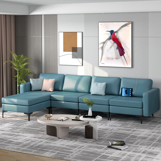 Modular L-Shaped Sectional Sofa with Reversible Ottoman, USB Ports, and Storage in Blue