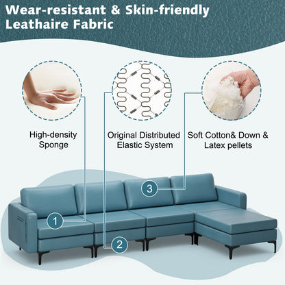 Modular L-Shaped Sectional Sofa with Reversible Ottoman, USB Ports, and Storage in Blue