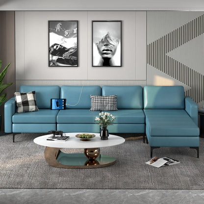 Modular L-Shaped Sectional Sofa with Reversible Ottoman, USB Ports, and Storage in Blue