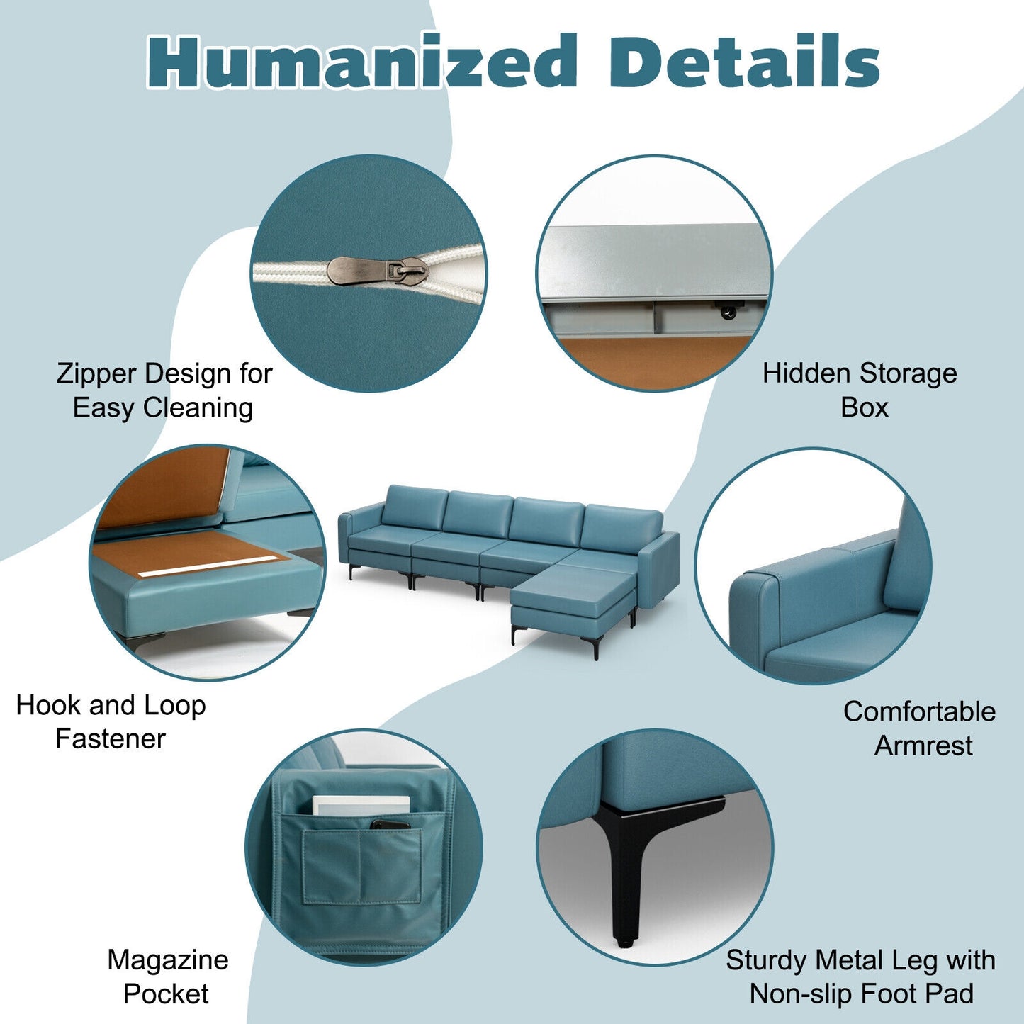 Modular L-Shaped Sectional Sofa with Reversible Ottoman, USB Ports, and Storage in Blue