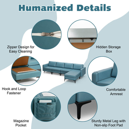 Modular L-Shaped Sectional Sofa with Reversible Ottoman, USB Ports, and Storage in Blue