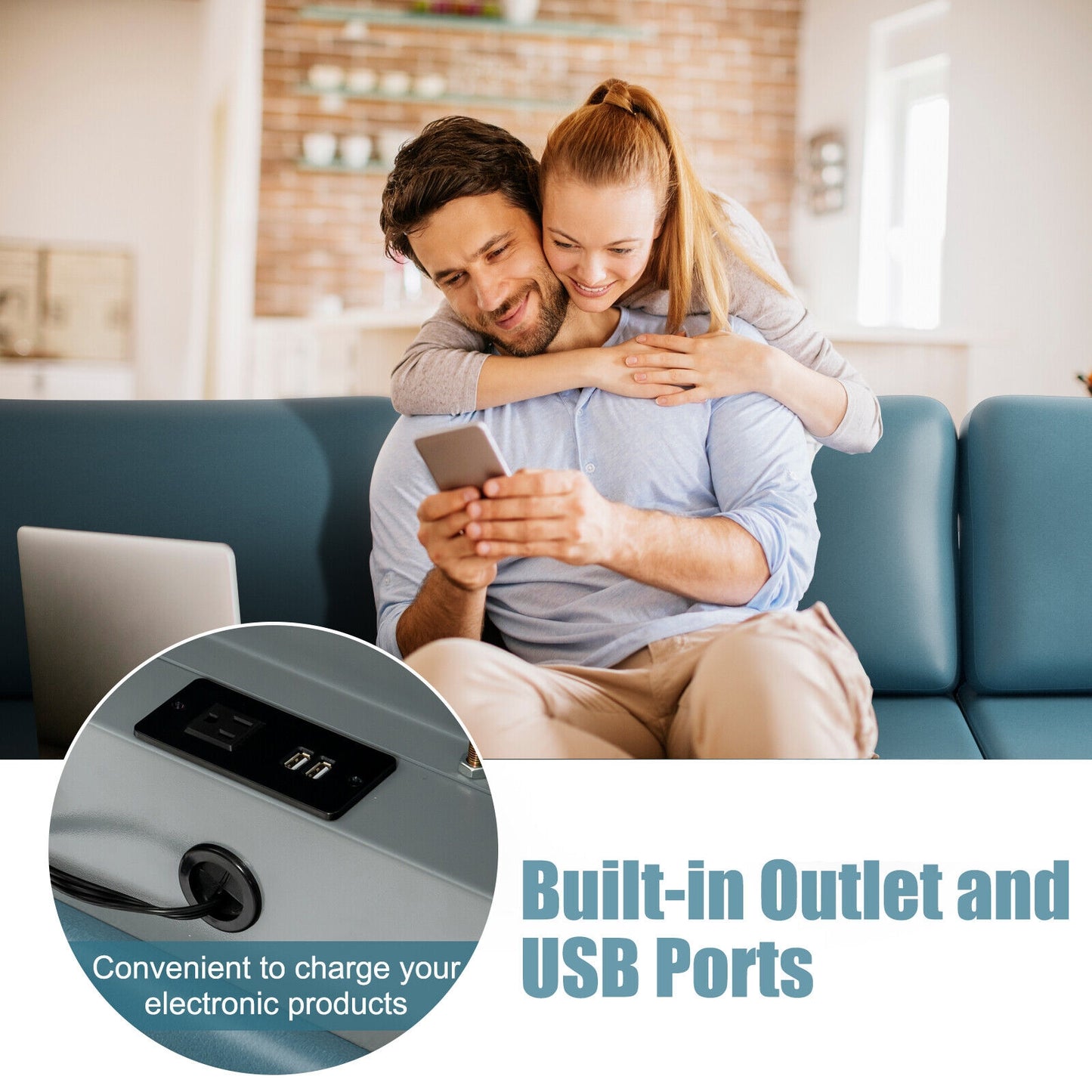 Modular L-Shaped Sectional Sofa with Reversible Ottoman, USB Ports, and Storage in Blue