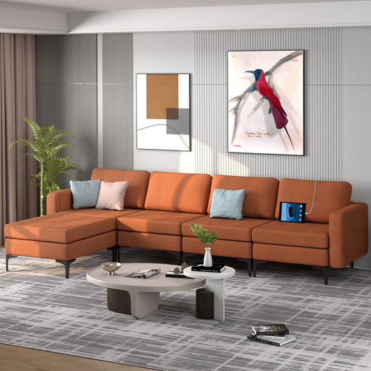 Modular L-Shaped Sectional Sofa with Reversible Ottoman, USB Ports, and Storage in Orange