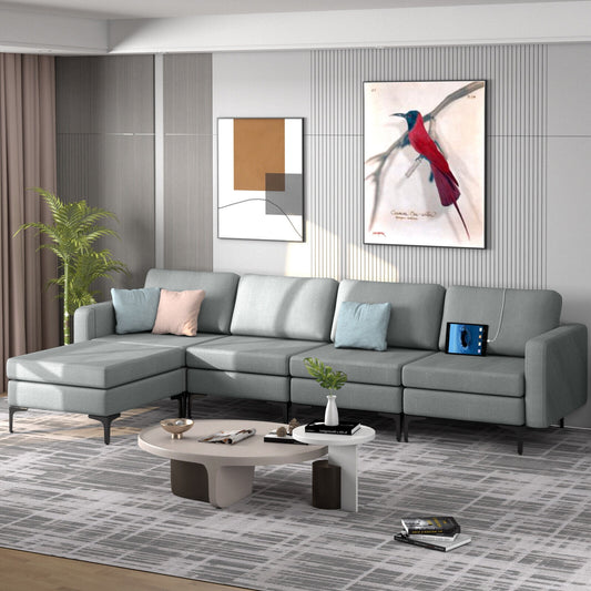 Modular L-Shaped Sectional Sofa with Reversible Ottoman, USB Ports, and Storage in Grey