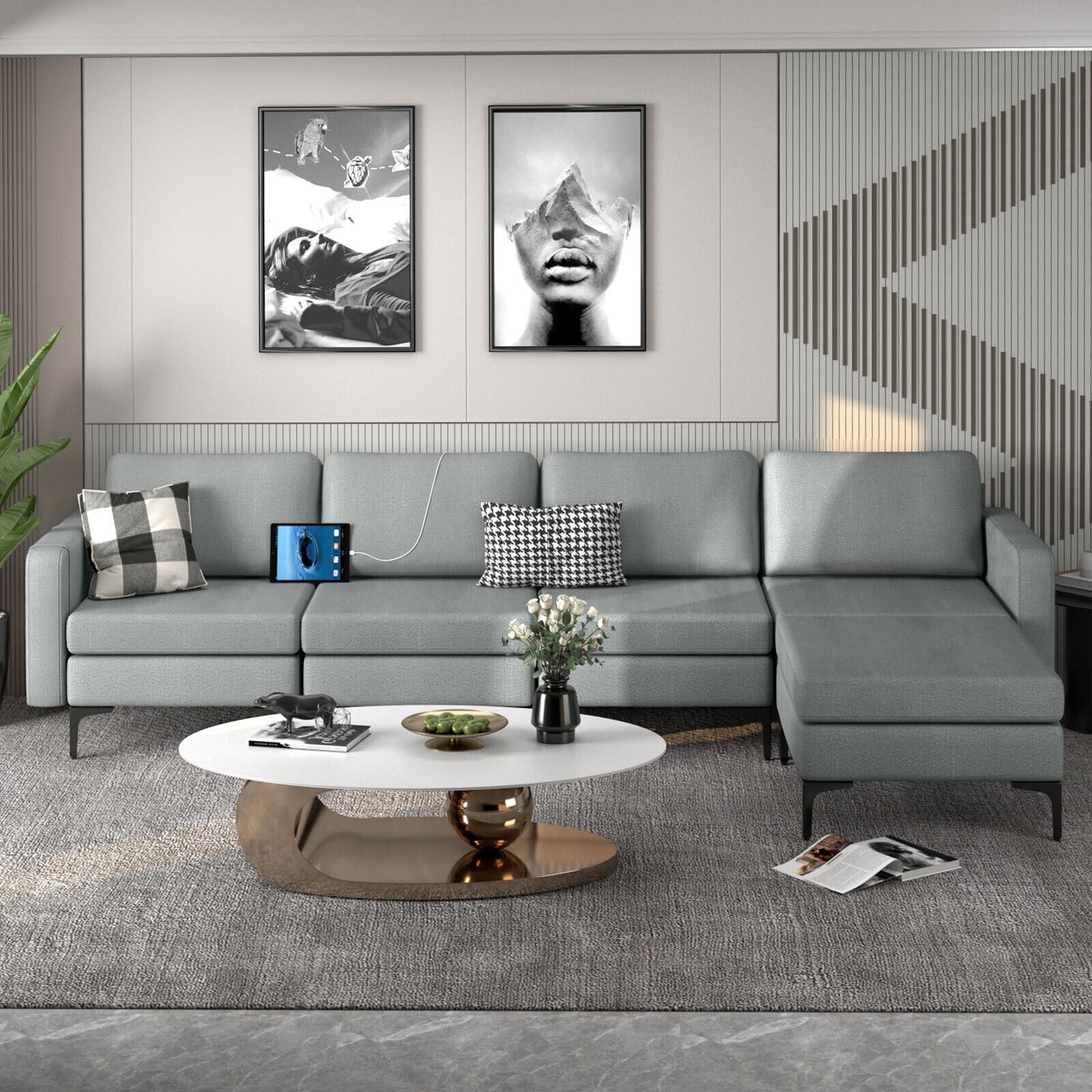 Modular L-Shaped Sectional Sofa with Reversible Ottoman, USB Ports, and Storage in Grey