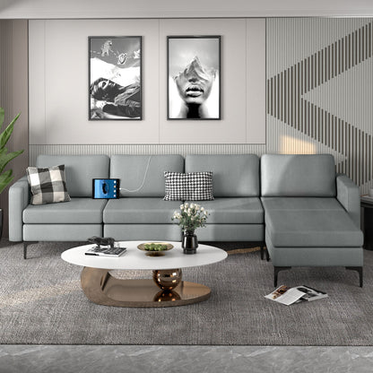 Modular L-Shaped Sectional Sofa with Reversible Ottoman, USB Ports, and Storage in Grey