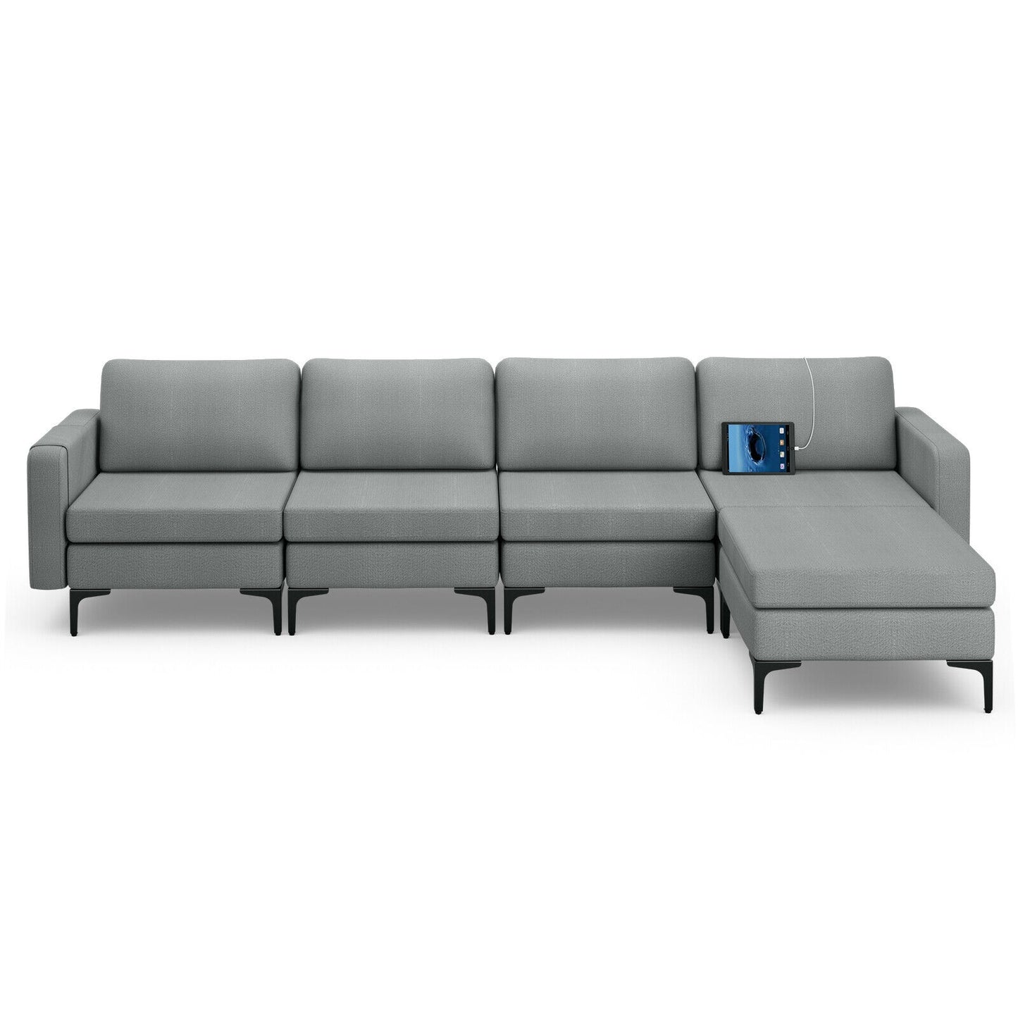 Modular L-Shaped Sectional Sofa with Reversible Ottoman, USB Ports, and Storage in Grey