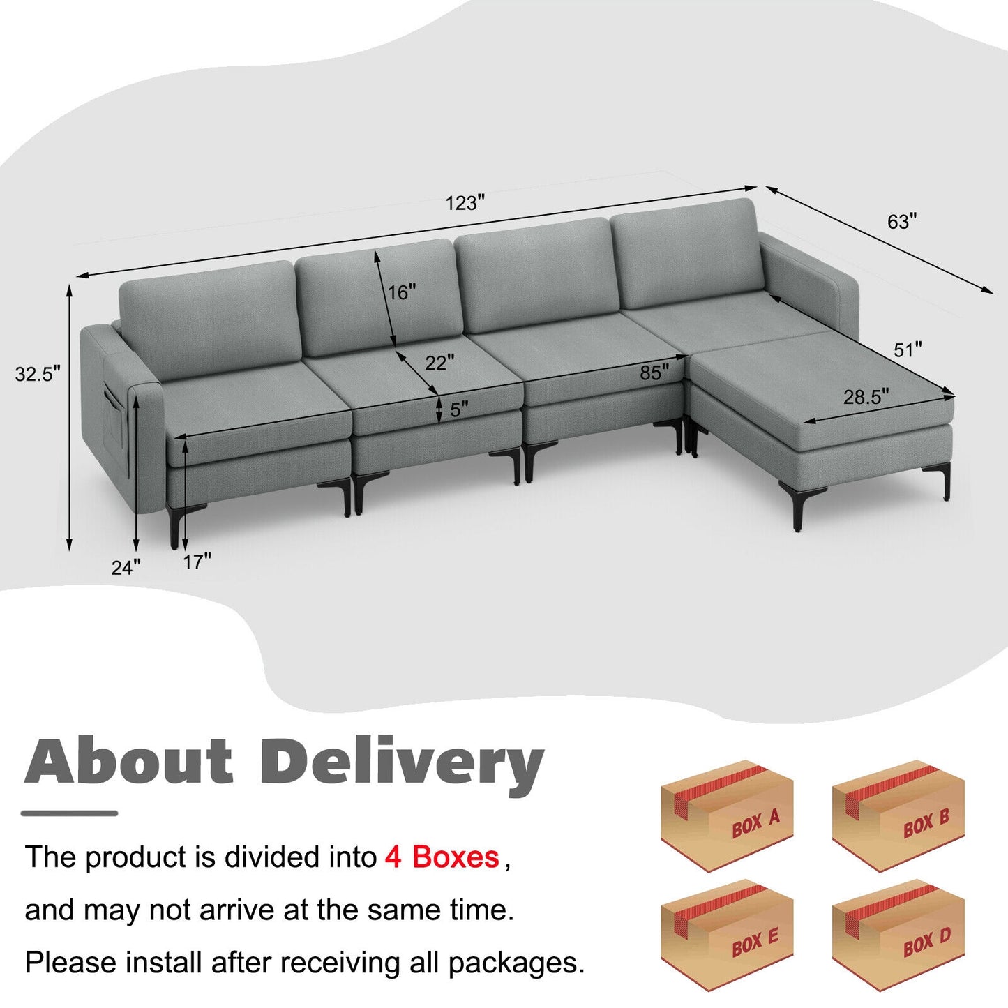 Modular L-Shaped Sectional Sofa with Reversible Ottoman, USB Ports, and Storage in Grey