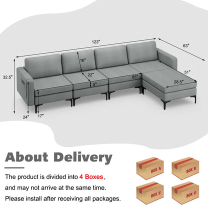 Modular L-Shaped Sectional Sofa with Reversible Ottoman, USB Ports, and Storage in Grey