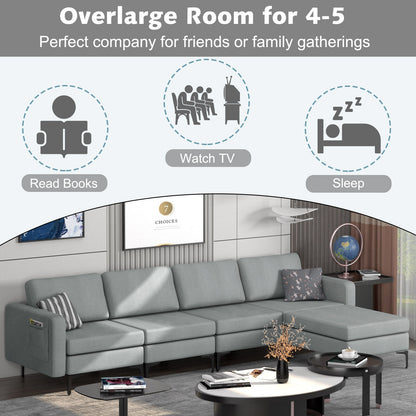 Modular L-Shaped Sectional Sofa with Reversible Ottoman, USB Ports, and Storage in Grey