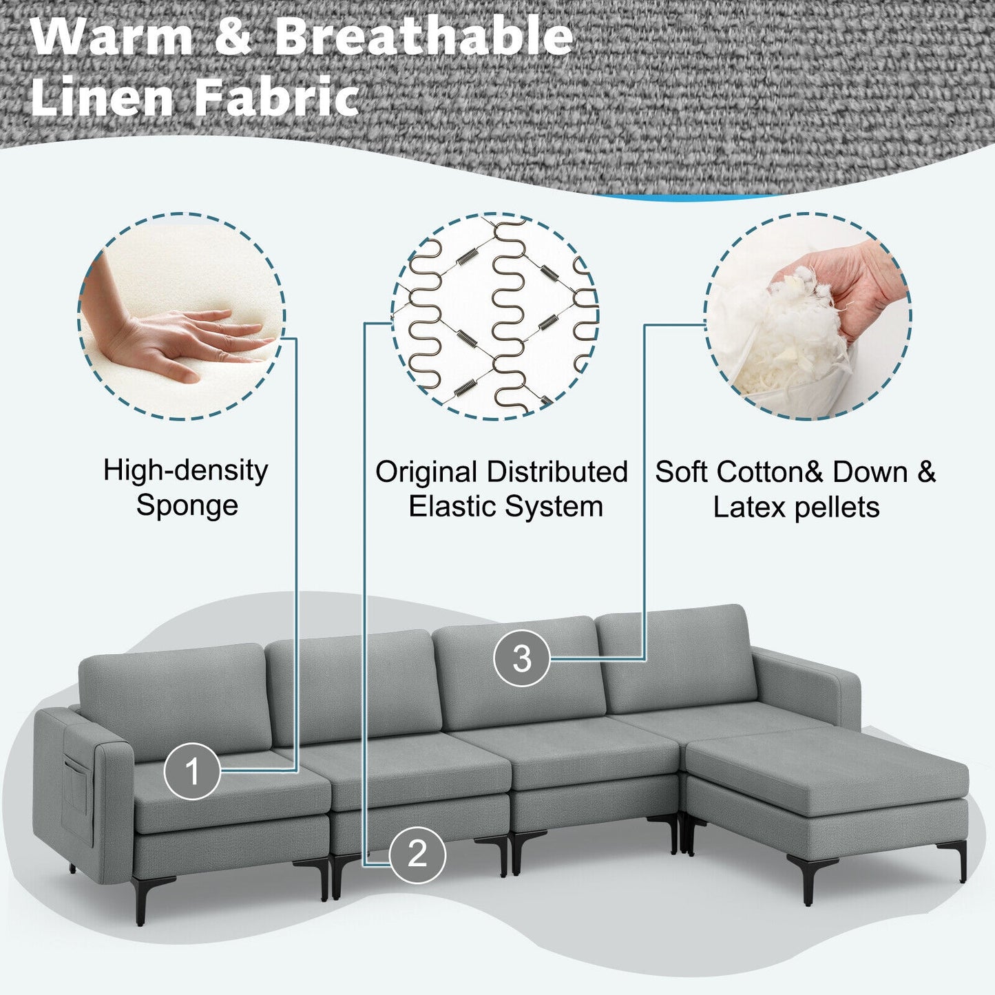 Modular L-Shaped Sectional Sofa with Reversible Ottoman, USB Ports, and Storage in Grey