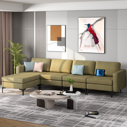 Modular L-Shaped Sectional Sofa with Reversible Ottoman, USB Ports, and Storage in Green