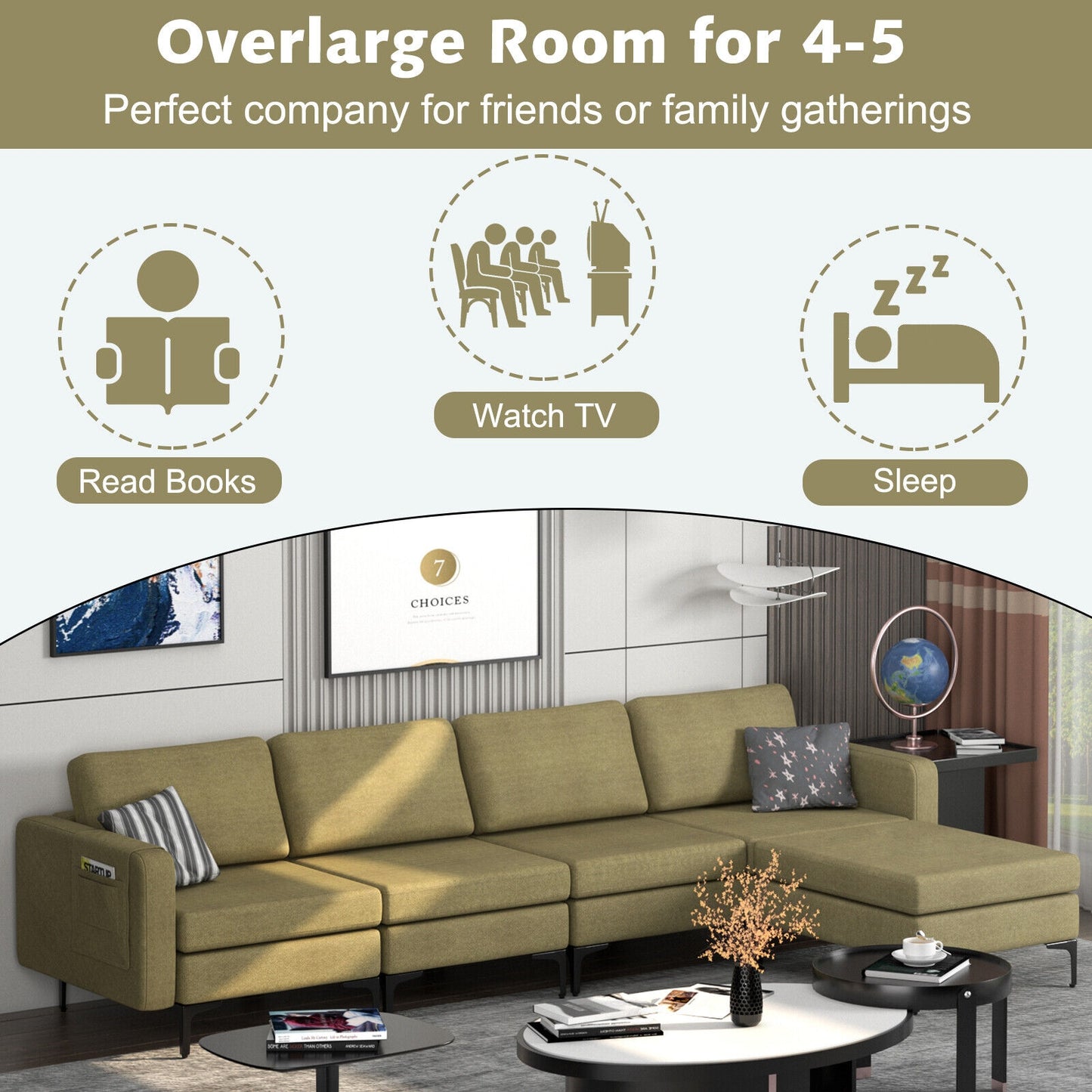 Modular L-Shaped Sectional Sofa with Reversible Ottoman, USB Ports, and Storage in Green