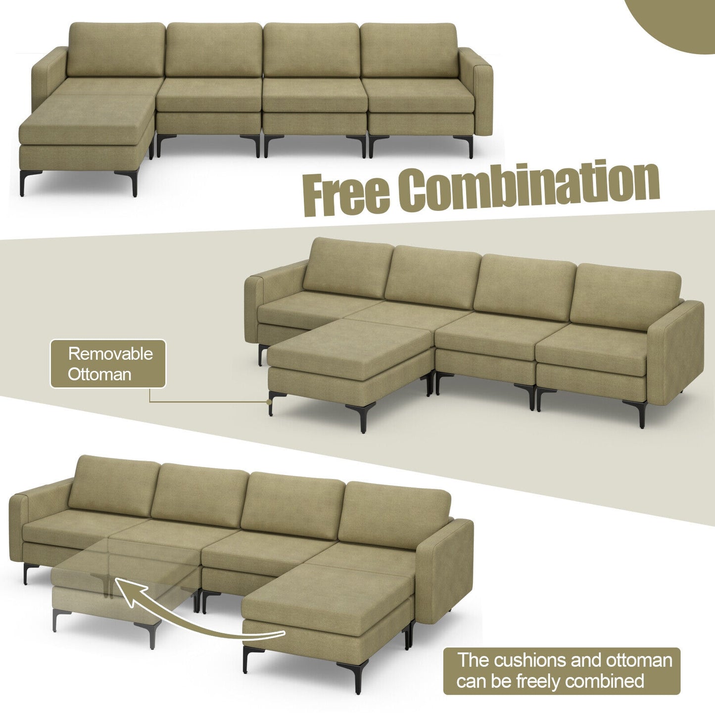 Modular L-Shaped Sectional Sofa with Reversible Ottoman, USB Ports, and Storage in Green