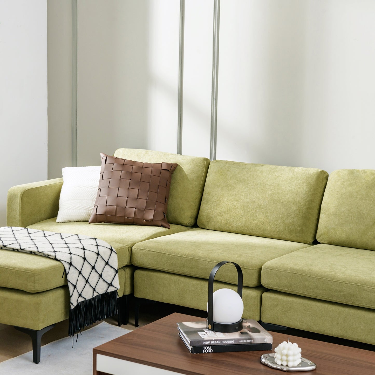 Modular L-Shaped Sectional Sofa with Reversible Ottoman, USB Ports, and Storage in Green