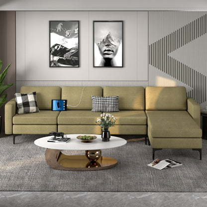 Modular L-Shaped Sectional Sofa with Reversible Ottoman, USB Ports, and Storage in Green