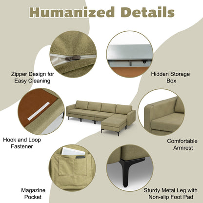 Modular L-Shaped Sectional Sofa with Reversible Ottoman, USB Ports, and Storage in Green