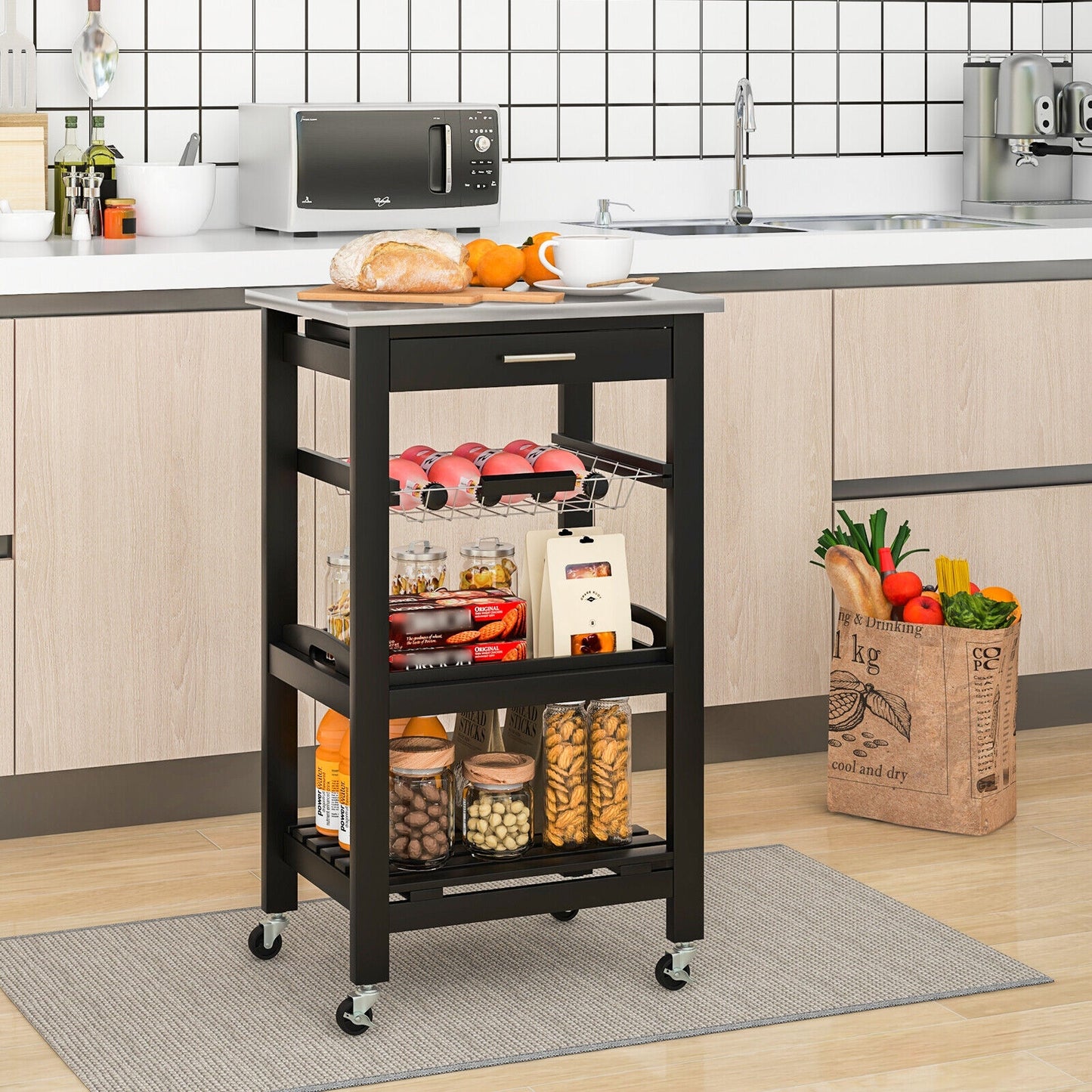 Kitchen Island Cart with Stainless Steel Top, Pull-Out Basket, and Storage Shelves - Black