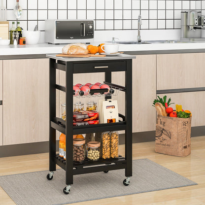 Kitchen Island Cart with Stainless Steel Top, Pull-Out Basket, and Storage Shelves - Black