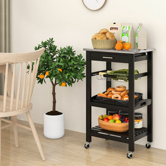 Kitchen Island Cart with Stainless Steel Top, Pull-Out Basket, and Storage Shelves - Black