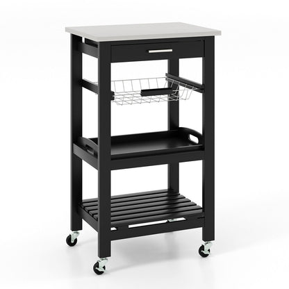 Kitchen Island Cart with Stainless Steel Top, Pull-Out Basket, and Storage Shelves - Black