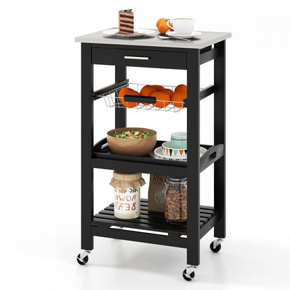Kitchen Island Cart with Stainless Steel Top, Pull-Out Basket, and Storage Shelves - Black