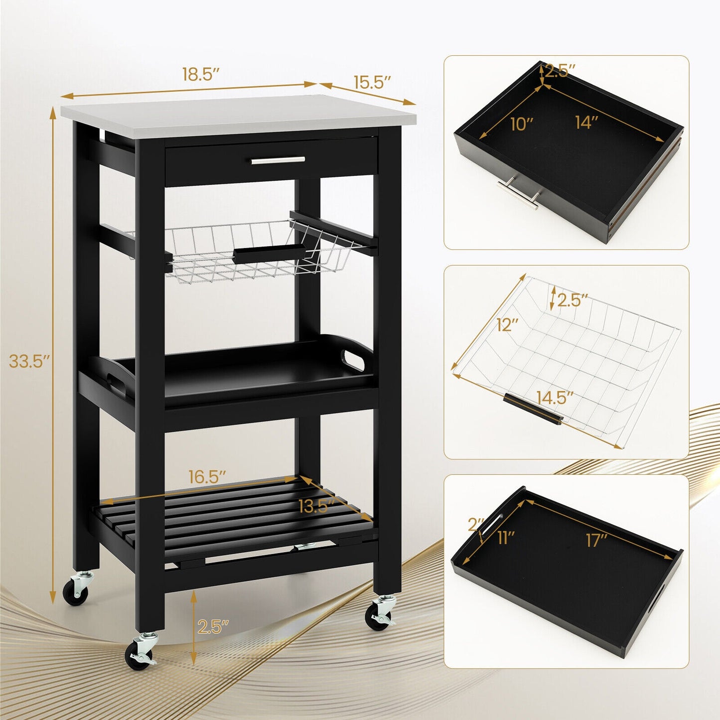Kitchen Island Cart with Stainless Steel Top, Pull-Out Basket, and Storage Shelves - Black