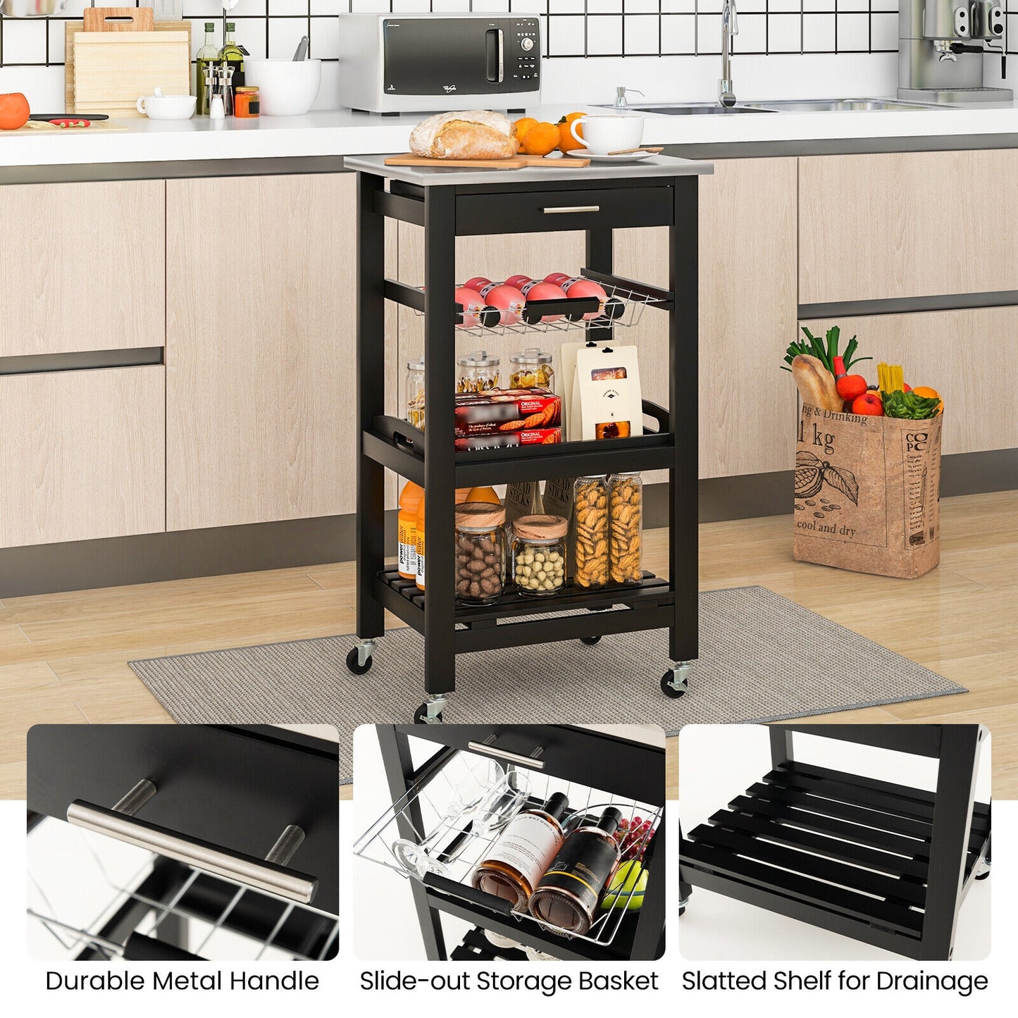 Kitchen Island Cart with Stainless Steel Top, Pull-Out Basket, and Storage Shelves - Black