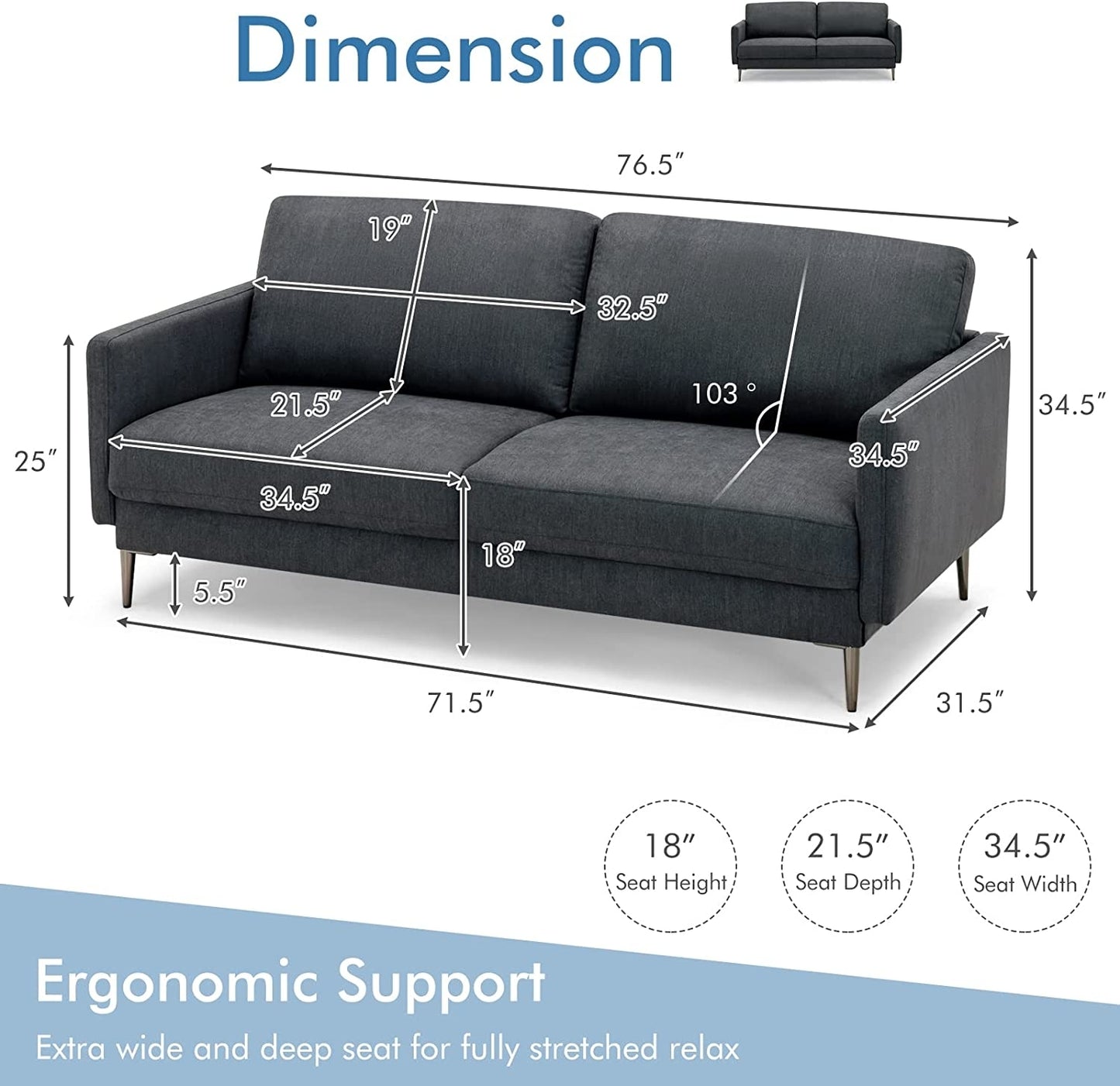 Modern Upholstered Loveseat with Plush Backrest Cushions in Grey