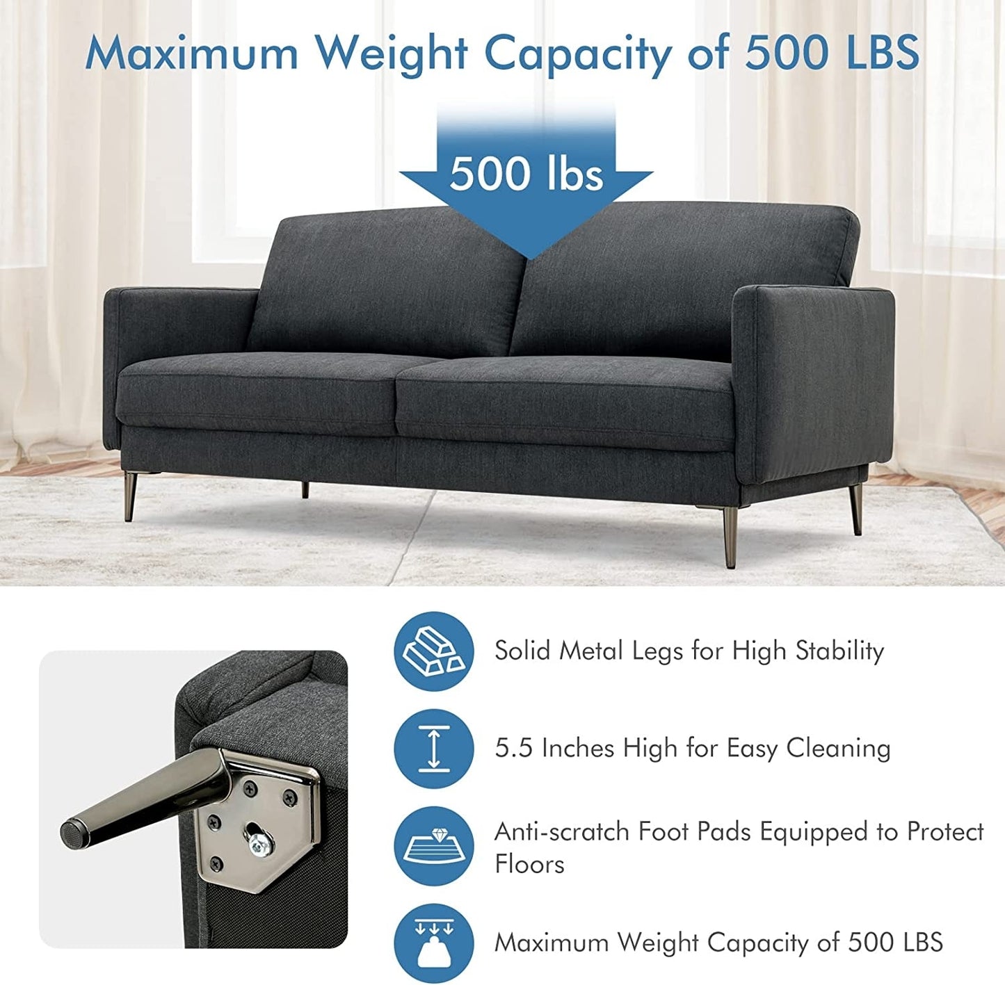Modern Upholstered Loveseat with Plush Backrest Cushions in Grey