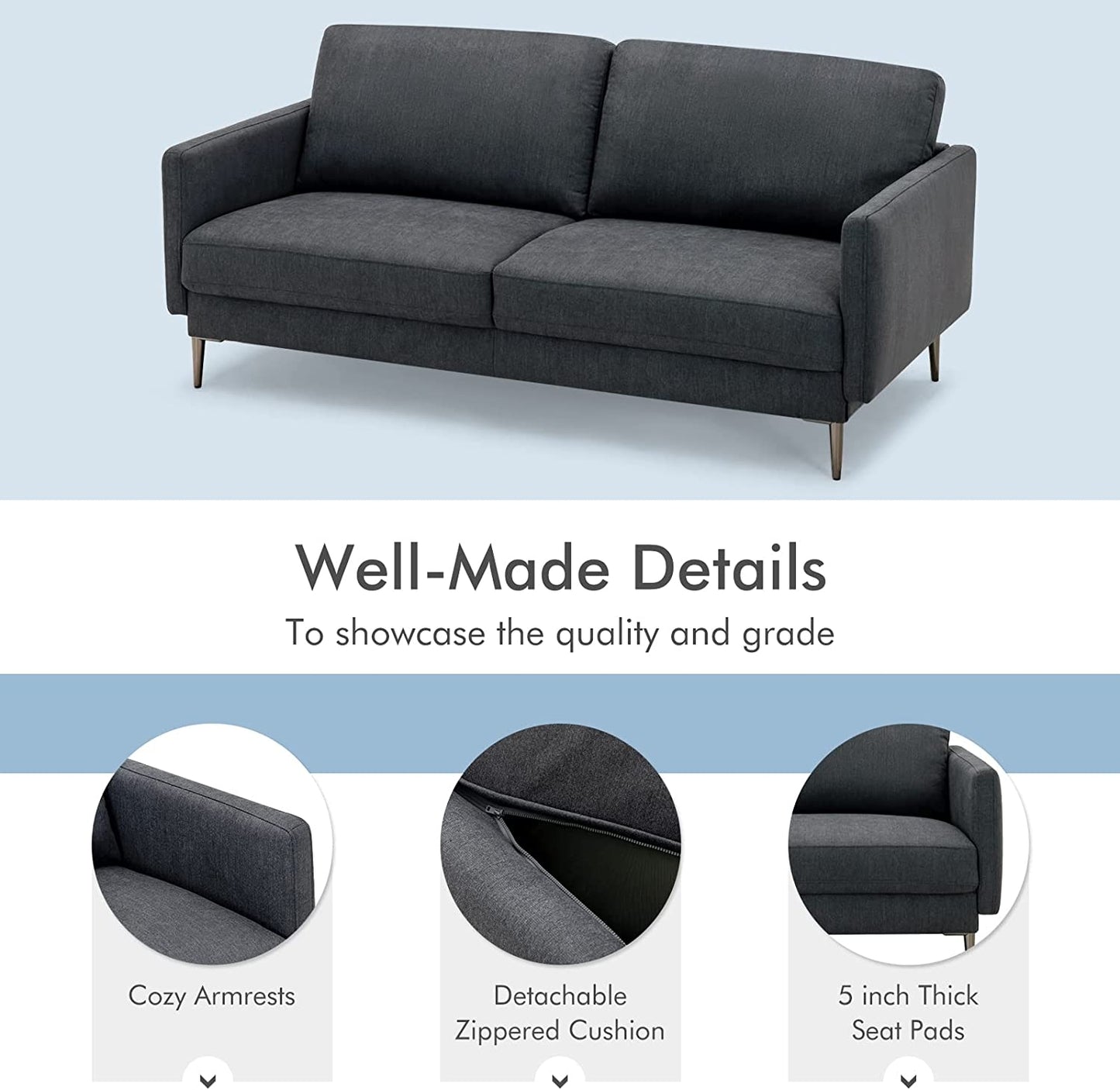 Modern Upholstered Loveseat with Plush Backrest Cushions in Grey