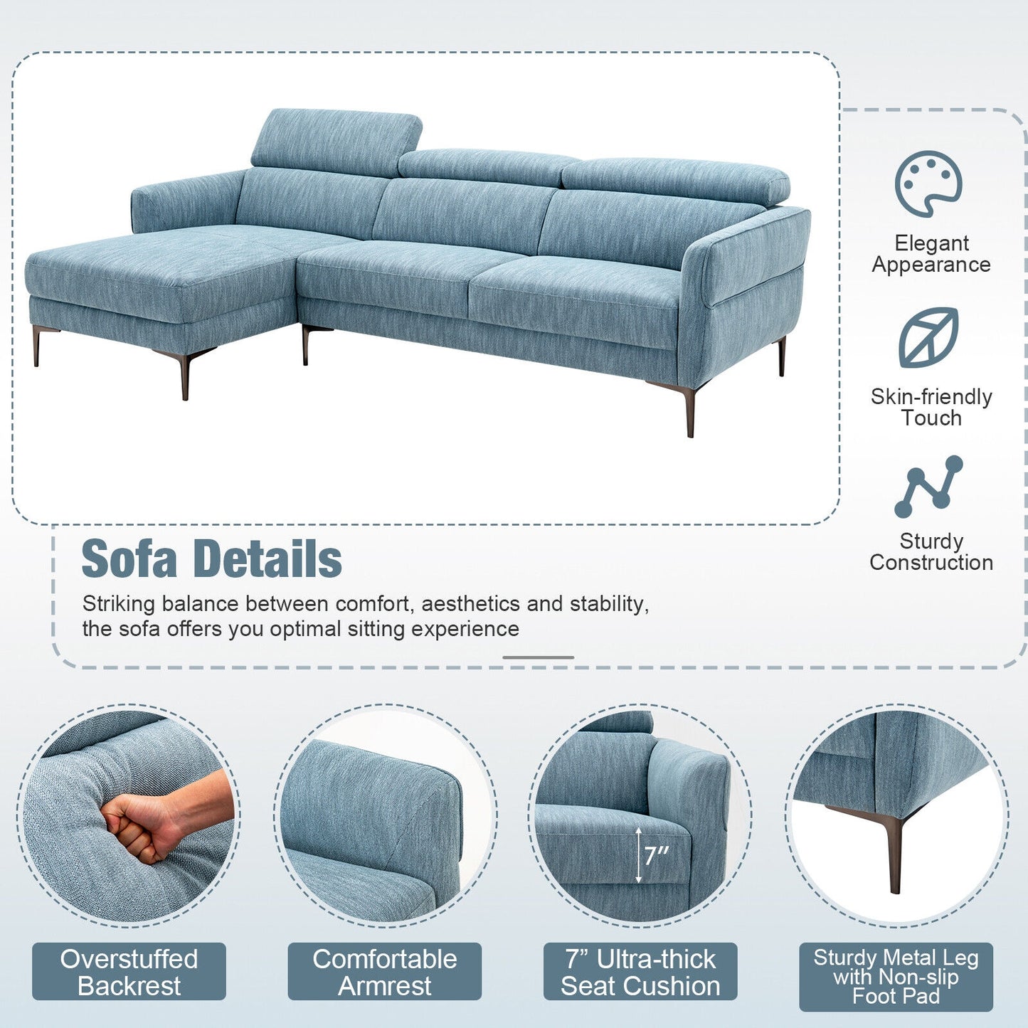 105 Inch Modern L Shaped Sectional Sofa Couch with Adjustable Headrests