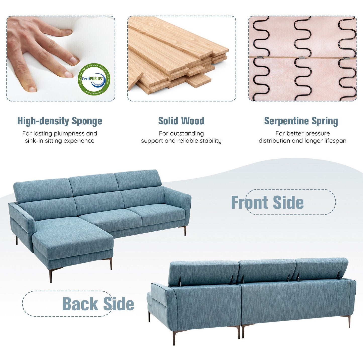 105 Inch Modern L Shaped Sectional Sofa Couch with Adjustable Headrests