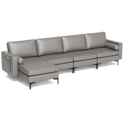4 Seat L-Shaped Sectional with Reversible Chaise, Storage and USB Ports - Light Grey