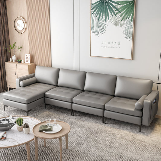 4 Seat L-Shaped Sectional with Reversible Chaise, Storage and USB Ports - Light Grey