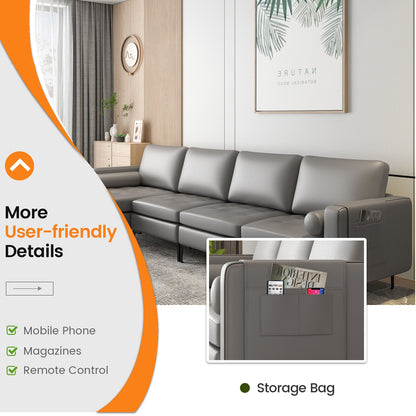 4 Seat L-Shaped Sectional with Reversible Chaise, Storage and USB Ports - Light Grey