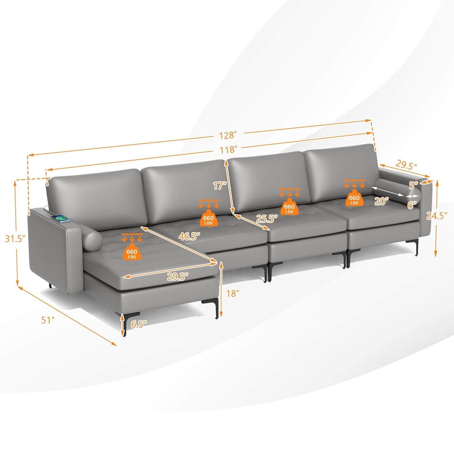 4 Seat L-Shaped Sectional with Reversible Chaise, Storage and USB Ports - Light Grey