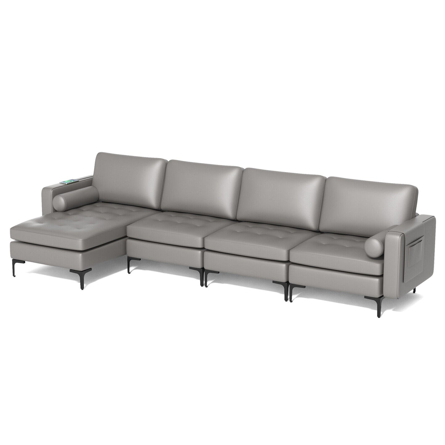4 Seat L-Shaped Sectional with Reversible Chaise, Storage and USB Ports - Light Grey