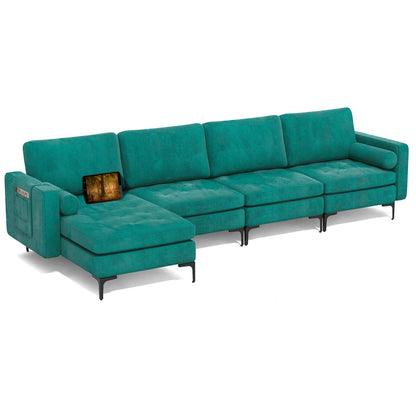 4 Seat L-Shaped Sectional with Reversible Chaise, Storage and USB Ports - Teal