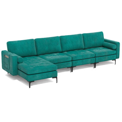 4 Seat L-Shaped Sectional with Reversible Chaise, Storage and USB Ports - Teal