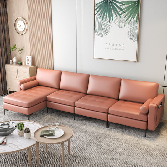 4 Seat L-Shaped Sectional with Reversible Chaise, Storage and USB Ports - Pink